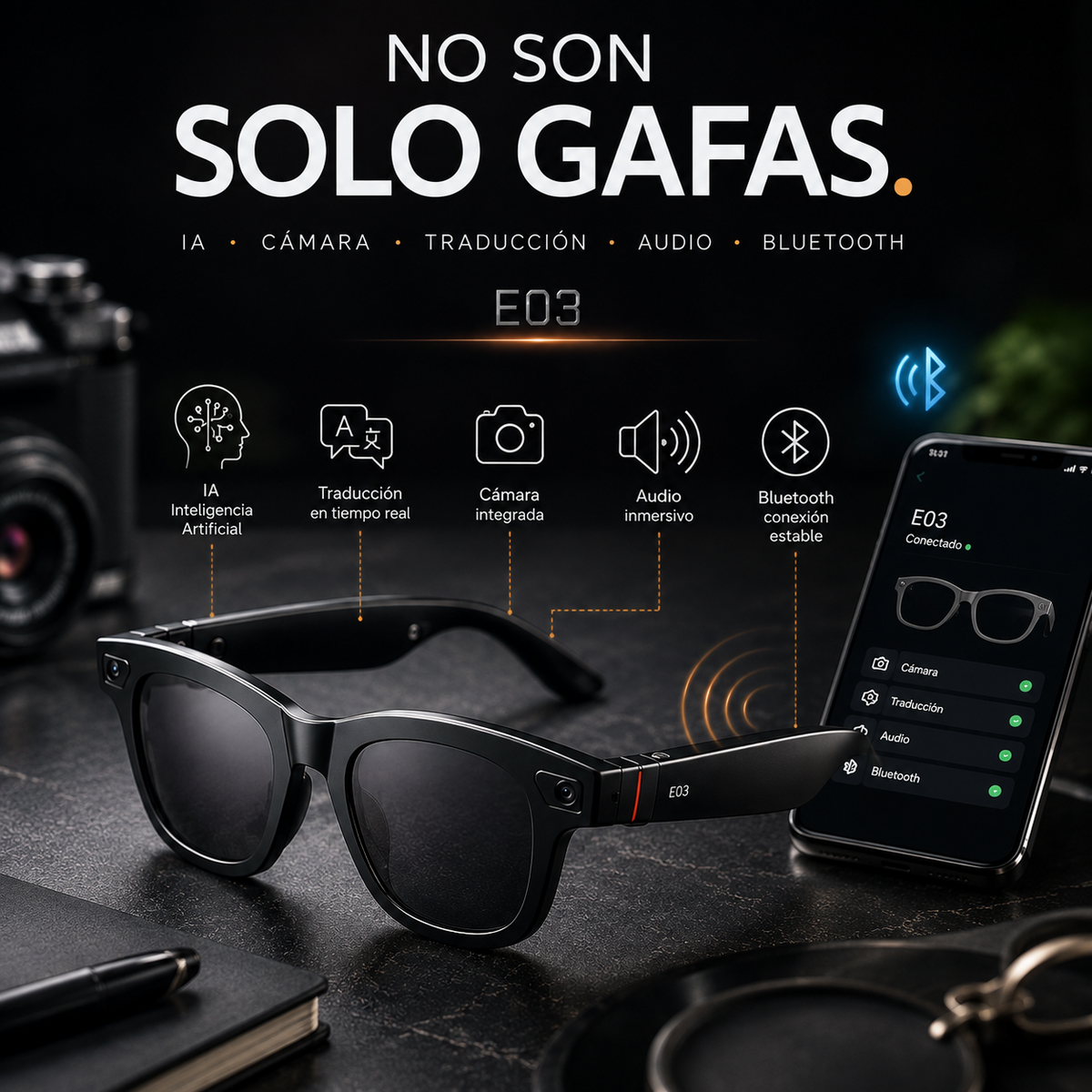 Gafas inteligentes E03 negras con IA, cámara, traducción, audio y Bluetooth