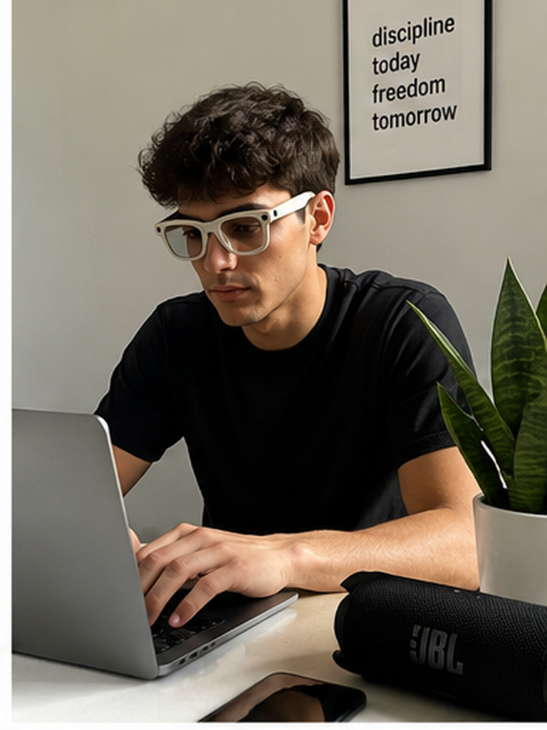 Hombre usando las gafas inteligentes E03 frente al ordenador
